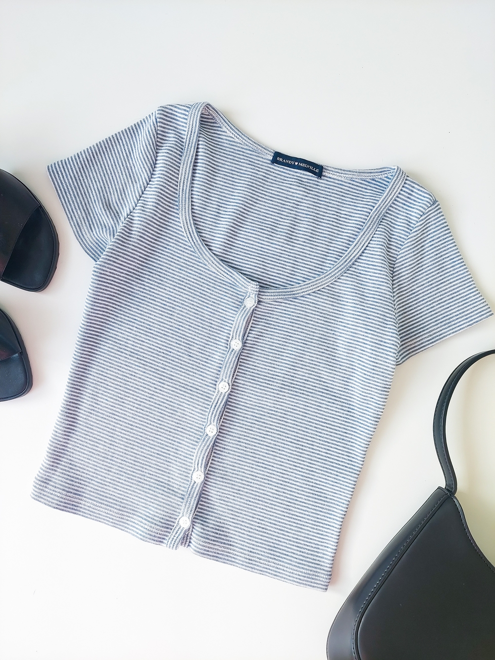 Brandy Melville Size S Blue Striped Button-Front Tee Short Sleeve T-Shirt Top